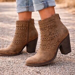 Fergalicious Brown Braided Suede Ankle Boots | Western Boho Heels | Size 8.5